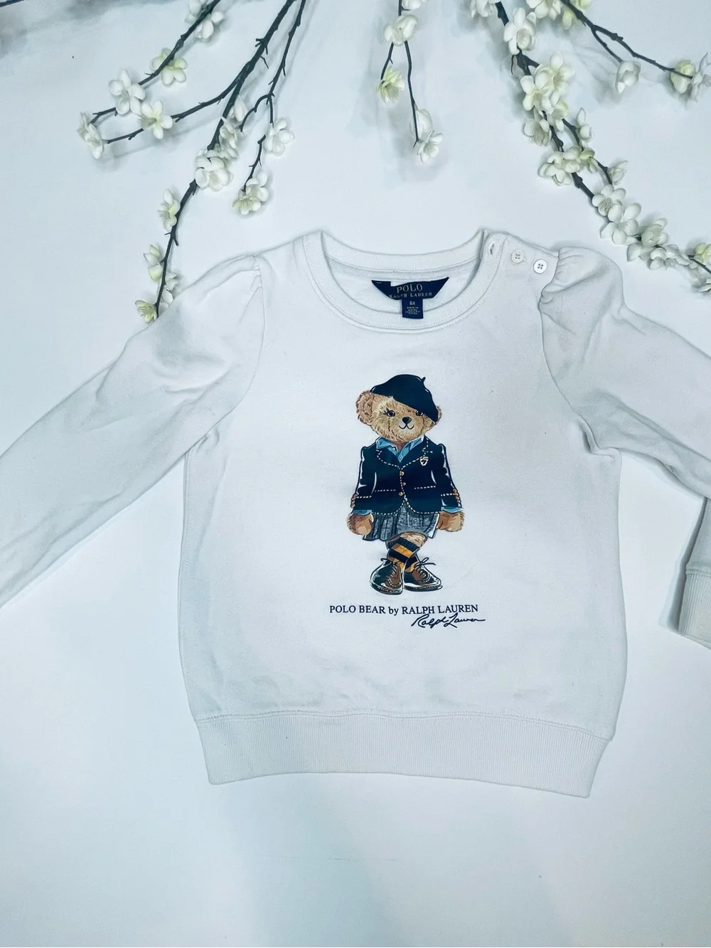 Ralph Lauren White Polo Bear Long Sleeve Sweatshirt with Navy Accent
